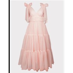 JessaKae Jeanne Pastel Pink Swiss Dot Tulle Bow Tiered Maxi Dress Woman's XS NWT